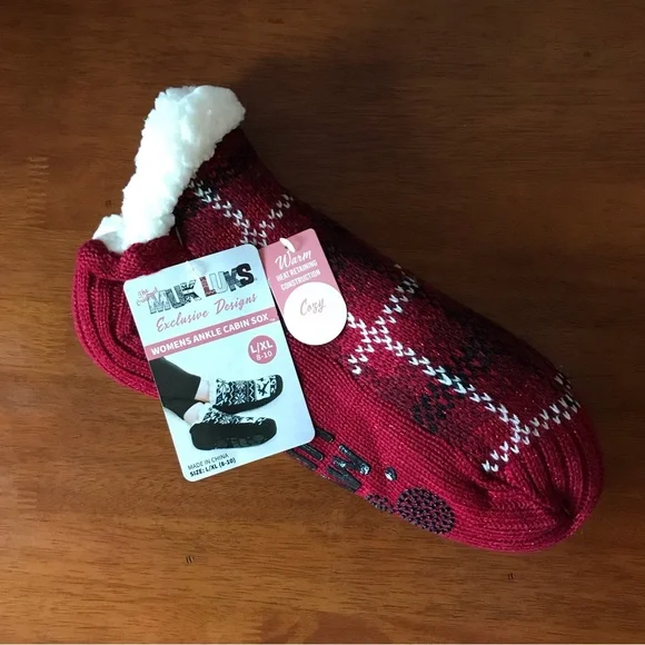 Muk Luks Ankle Cabin Sox Slipper Socks, Faux Sherpa Fur Lining, Size L/XL (8-10) - Picture 2 of 4